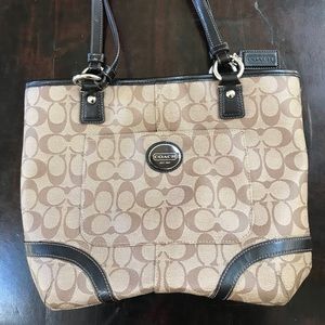 Coach Leather Tote, Khaki Brown and Black Patent